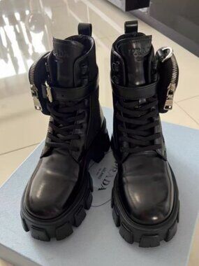 Prada Black Leather Lug-Sole Combat Boots